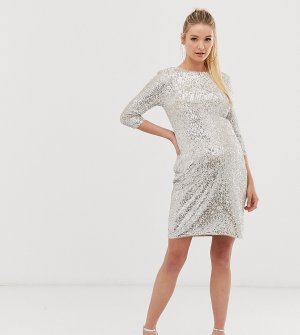 Серебристое платье мини с рукавами 3/4 и пайетками -Серебряный TFNC Maternity