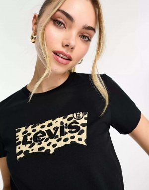 Черная футболка Levi's с леопардовым принтом и логотипом летучей мыши Levi's. Цвет: черный