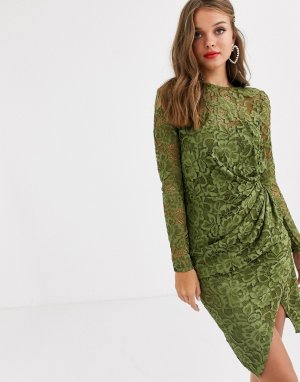 Кружевное платье мини оливкового цвета с длинными рукавами и запахом -Зеленый Paper Dolls