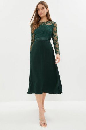Платье-юбка из крепа с длинными рукавами и вышивкой , зеленый Coast