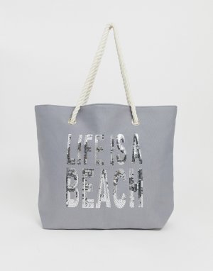 Пляжная сумка с надписью ASOS DESIGN. Цвет: серый