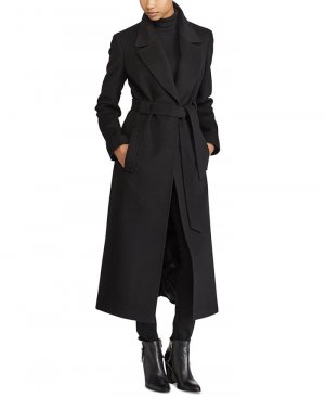 Женское длинное пальто с запахом и поясом из смесовой шерсти , черный Lauren Ralph