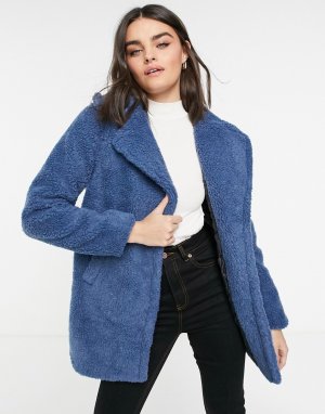 Голубое короткое пальто с плюшевой фактурой -Синий AX Paris