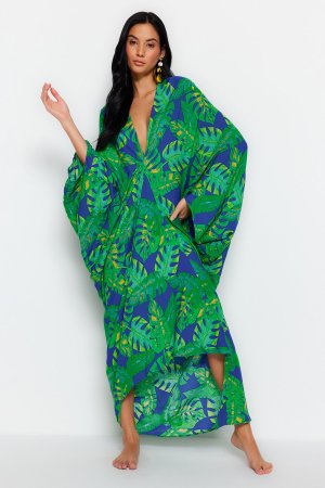 Пляжное платье макси с широким кроем и тропическим узором из тканой ткани со сборками , разноцветный Trendyol