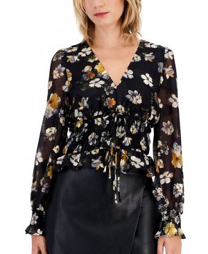 Женская блузка с цветочным принтом, присборенной талией, завязкой спереди и прозрачными рукавами , черный Lucy Paris