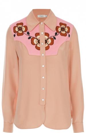Шелковая блуза прямого кроя с контрастной отделкой Coach. Цвет: розовый