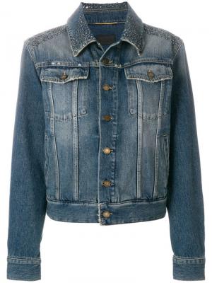 Джинсовая куртка на пуговицах с декором из стразов Saint Laurent. Цвет: синий