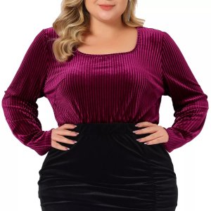 Бархатные топы больших размеров для женщин, пуловер с квадратным вырезом, туника длинными рукавами, футболка, блузка Agnes Orinda