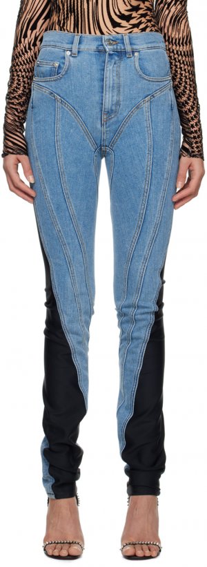 Синие зауженные джинсы со вставками Mugler