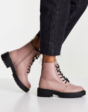 Пыльно-розовые ботинки на плоской массивной подошве со шнуровкой -Розовый цвет New Look