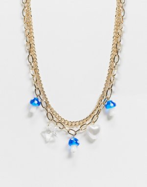 Золотистое ожерелье в несколько рядов с синими подвесками виде грибов -Золотистый Topshop