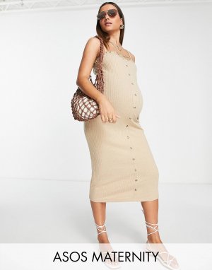 Песочное платье миди на пуговицах ASOS DESIGN Maternity в рубчик с оборками по подолу