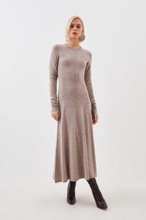 Платье миди из кашемировой шерсти с круглым вырезом и рюшами рукавами , бежевый Karen Millen