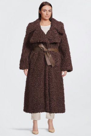 Пальто миди в стиле тедди больших размеров с поясом, коричневый Karen Millen