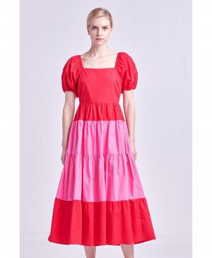 Женское платье макси с цветными блоками и пышными рукавами , красный English Factory