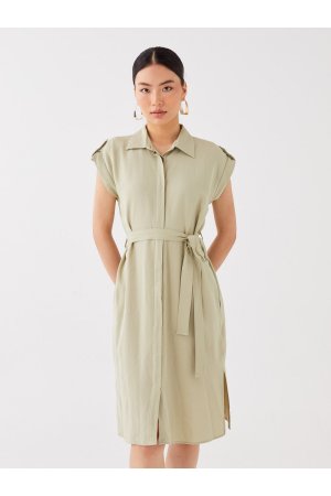 Простое женское платье-рубашка из смесового льна с короткими рукавами , зеленый LC Waikiki