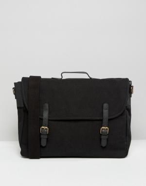 Черный парусиновый портфель с кожаными ремешками ASOS. Цвет: черный