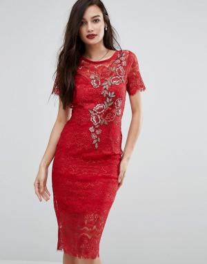 Кружевное облегающее платье с цветочной аппликацией Bodyfrock Body Frock. Цвет: красный