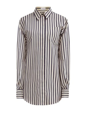 Рубашка из хлопка и шелка в полоску с элегантной деталью BRUNELLO CUCINELLI. Цвет: бежевый