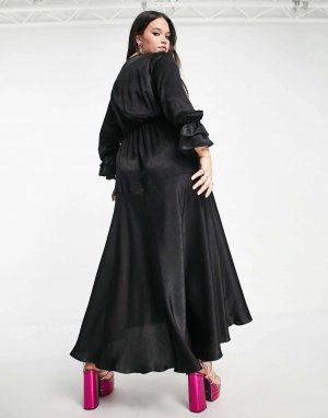 Черное атласное платье миди с длинными рукавами и воланами London Plus Flounce