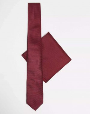 Бордовый атласный тонкий галстук и нагрудный платок ASOS
