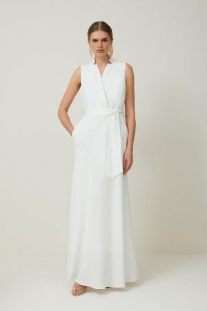 Льняное платье мидакси премиум-класса с вырезом и поясом , белый Karen Millen