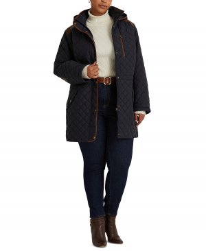 Женское стеганое пальто с капюшоном и отделкой из искусственной кожи больших размеров, синий Lauren Ralph