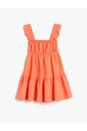 Льняное платье для девочек с рюшами и квадратным воротником 3skg80033aw , розовый Koton