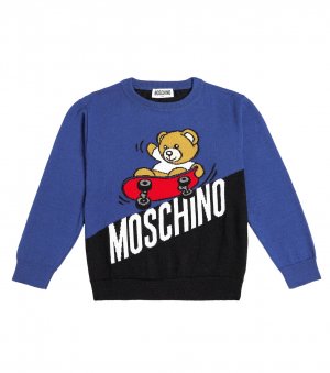 Свитер из хлопка и шерсти с логотипом , синий Moschino