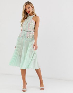 Платье миди с контрастными вставками и плиссированной юбкой Рremium-Зеленый True Decadence