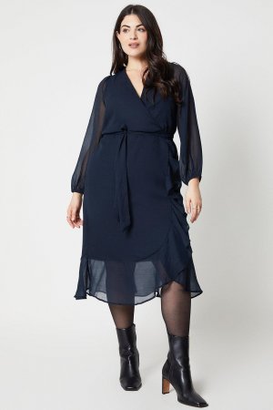 Тканое платье с длинными рукавами и запахом Curve оборками , темно-синий Wallis