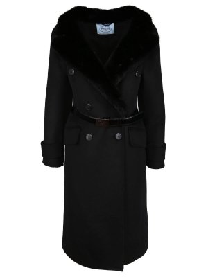Пальто шерстяное с мехом PRADA. Цвет: черный