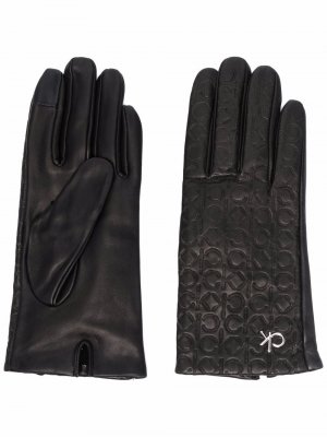 Кожаные перчатки с тисненым логотипом Calvin Klein. Цвет: черный