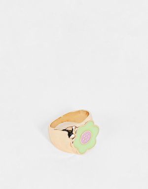 Кольцо с эмалевой ромашкой мятно-зеленого цвета -Золотистый Vintage Supply