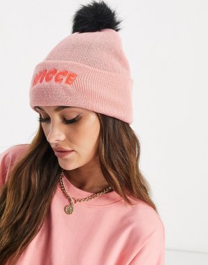Персиковая шапка с помпоном и логотипом Risley-Розовый Nicce