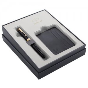 Набор Parker Sonnet Black GT: ручка перьевая 1,0мм и визитница из экокожи. Цвет: черный
