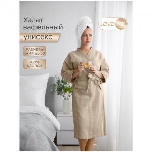 Вафельный халат женский домашний и банный, размер XL, длина миди, цвет бежевый (капучино) LOVEME. Цвет: бежевый