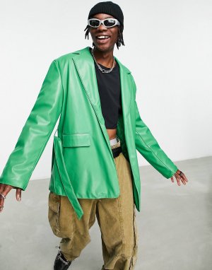 Зеленый пиджак из искусственной кожи с поясом ASOS DESIGN