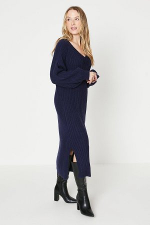 Свободное платье-свитер миди с V-образным вырезом , синий Oasis