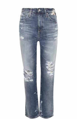 Укороченные джинсы с потертостями и вышивкой Ag. Цвет: синий