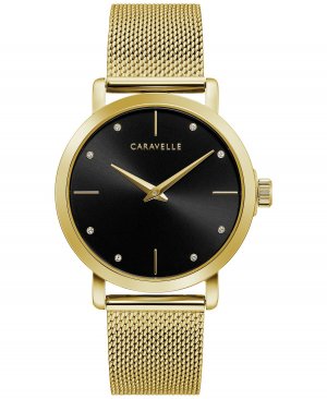 Женские часы с сетчатым браслетом из нержавеющей стали золотистого цвета кристаллами, 36 мм , золотой Caravelle