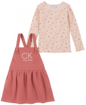 Трикотажная футболка с принтом в рубчик для маленьких девочек и флисовый джемпер фартуком, комплект из 2 предметов , мультиколор Calvin Klein