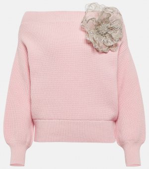 Шерстяной свитер с открытыми плечами и цветочной аппликацией OSCAR DE LA RENTA, розовый Renta