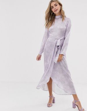 Атласное платье макси с высоким воротом и поясом -Фиолетовый Dusty Daze