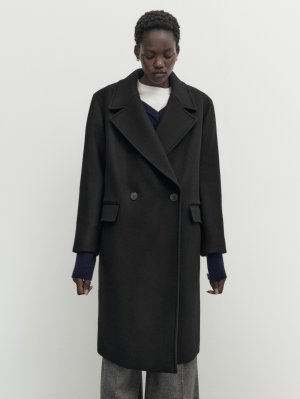 Черное комфортное пальто из полушерсти , черный Massimo Dutti