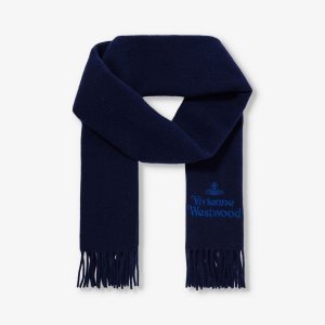 Шерстяной шарф с фирменной вышивкой и бахромой , темно-синий Vivienne Westwood