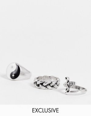 Набор из 3 серебристых колец в стиле унисекс с символом «инь-ян» Inspired-Серебристый Reclaimed Vintage