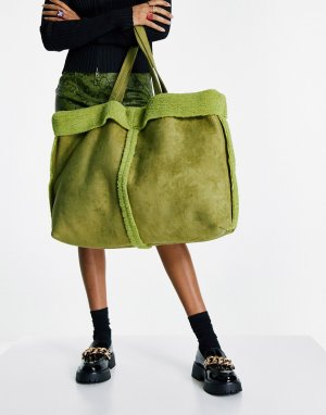 Большая сумка-тоут оливкового цвета с отделкой искусственным мехом -Зеленый цвет Topshop