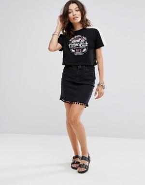 Джинсовая юбка в винтажном стиле с помпонами New Look. Цвет: черный