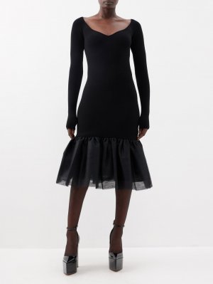 Платье миди с тюлевой отделкой из смесовой шерсти , черный Nina Ricci